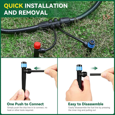 Quick connect installation of All-In-One Drip Irrigation Kit for garden with 1/2 inch main line and 1/4 inch drip tubing.