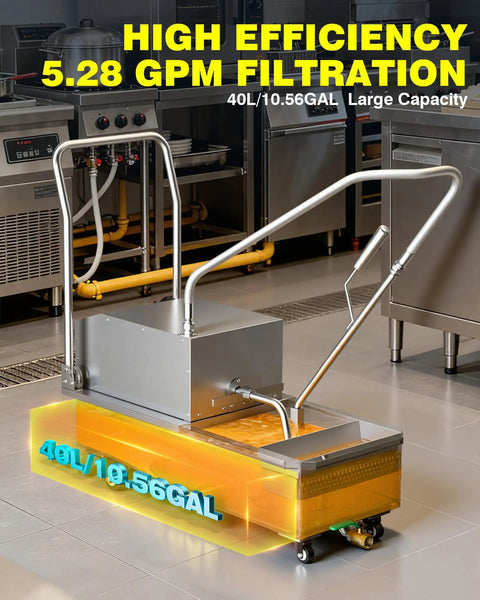 WantJoin Commercial Deep Fryer Oil Filter Machine 10.5 Gallon Mobile Grease Filtration Unit Stainless Steel 5.28 GPM capacity kitchen use.