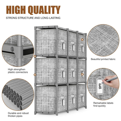9 Cube Storage Organizer With Printed Fabric Drawers And Labels Large Capacity Cubby Shelf For Closet Living Room Dorm And Craft Yarn In Grey