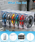 Six Pack 1.75mm Filament Storage Boxes With Desiccants shown with filament spools and labels for 3D printer use, transparent blue