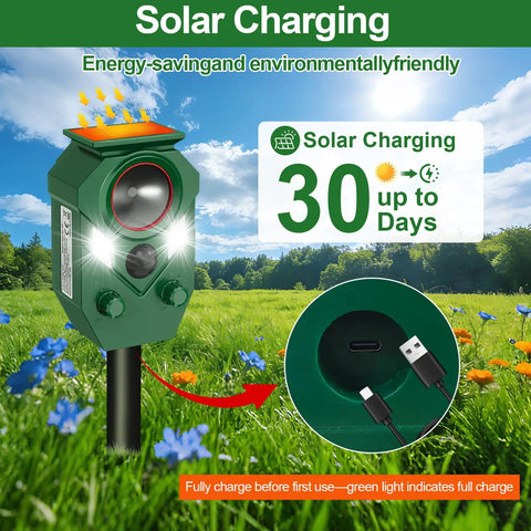 Outdoor Ultrasonic Animal Deterrent With PIR Sensor And Flashing Light Motion Activated Solar Powered Critter Repellent For Cat Deer Squirrel Raccoon Rabbit Skunk And Dog Yard Protection IP65 Waterproof 1 Pack, solar charging view