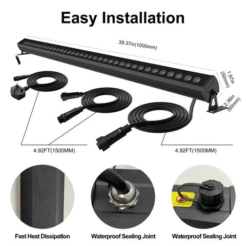 Linkable LED Light Bar Outdoor Color Changing 40 Inch RGBCW Wall Washer Light 180W with cables and connectors visible