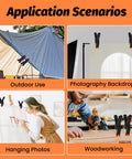 ECY 4.5-inch plastic spring clamps (10-pack) with orange tips, shown securing tarps, backdrops, canvases, and woodwork
