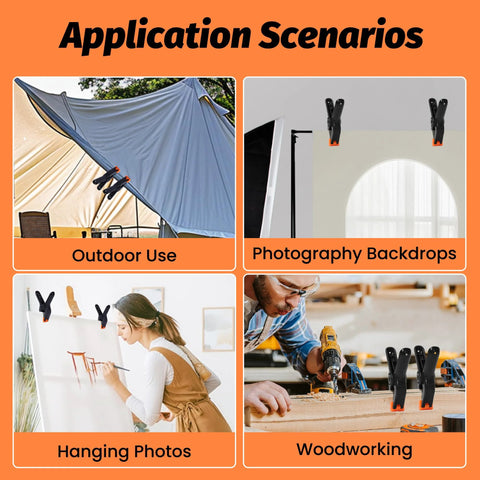 ECY 4.5-inch plastic spring clamps (10-pack) with orange tips, shown securing tarps, backdrops, canvases, and woodwork