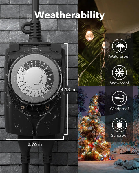Outdoor Timer Outlet Waterproof 24 Hour Mechanical Light Timers For Exterior Outlets With Two Grounded Outlets Weatherproof