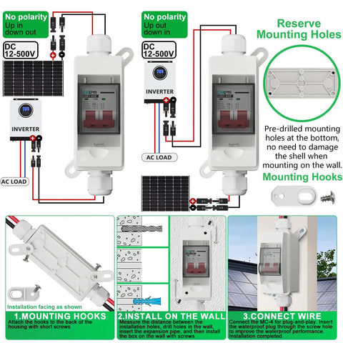 Installation guide for 32 Amp 500V DC Solar Disconnect Switch With Plug and Play Connector In IP65 Waterproof Box shown on rooftop