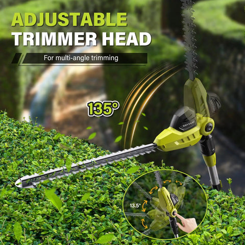 20V Cordless Pole Hedge Trimmer With 20 Inch Blades 9 Feet Reach Extension Pole for Shrubs Pruning Multi Angle Head in use