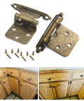 Two Pack Antique Kitchen Cabinet Hinges Self Closing Overlay Flush Mount with installation screws shown with wooden cupboard doors