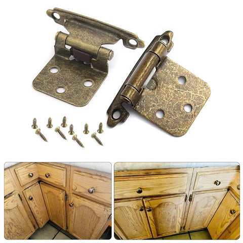 Two Pack Antique Kitchen Cabinet Hinges Self Closing Overlay Flush Mount with installation screws shown with wooden cupboard doors