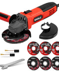Shall 4-1/2 in angle grinder red body, black grip; 2 guards, 3 cutting discs, 3 grinding wheels, wrench, carbon brushes