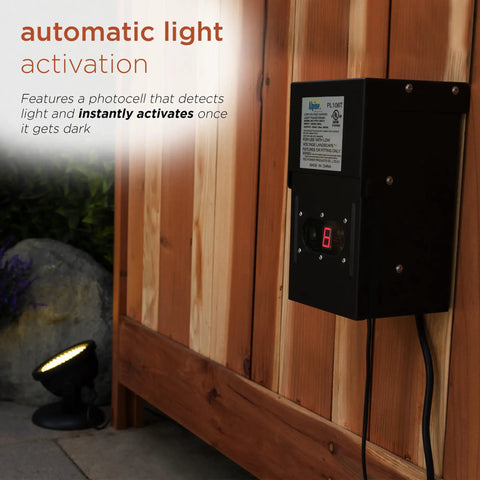 Outdoor 200 Watt Transformer With Photo Cell And Timer For Ponds And Fountains mounted on a wooden fence