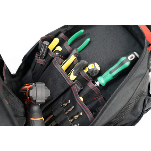 Interior view of Heavy Duty Rolling Tool Backpack With 14 Inch Laptop Sleeve Pro Tradesman Organizer showing tools in pockets.