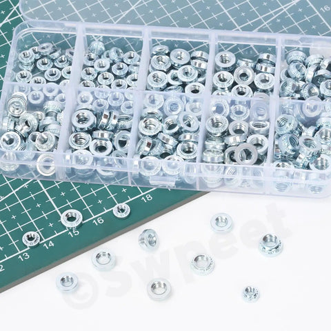 Top Shelf Self Clinching Nuts Assortment Kit With 220 Pcs Knurled Rivet Nut Fasteners In M3 M4 M5 Sizes Galvanized Steel Build in clear storage box.