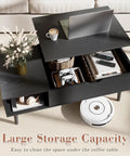 Wood Lift Top Coffee Table With Hidden Compartment And Large Storage Shelf Elevates To Dining Or Desk Height For Living Room And Home Office Slick Black Finish with open compartments holding a laptop and accessories.