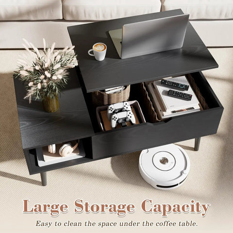 Wood Lift Top Coffee Table With Hidden Compartment And Large Storage Shelf Elevates To Dining Or Desk Height For Living Room And Home Office Slick Black Finish with open compartments holding a laptop and accessories.