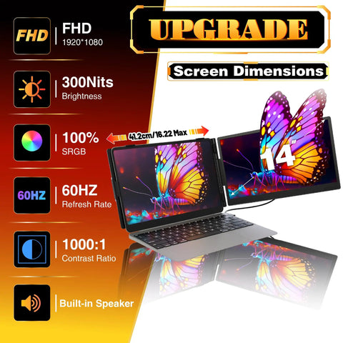 Ultra Thin 0.27 Inch Dual Portable Monitor For Laptops, 14 Inch FHD IPS Second Screen with laptop, butterfly image display