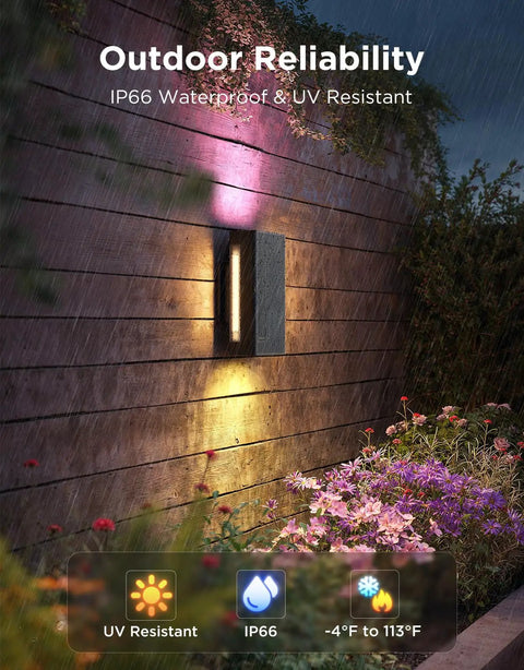 Totally Transform Your Patio With These Smart Outdoor Wall Lights Featuring Smooth Rgbicww Color Swaps And Sleek Top And Bottom Glow In A Tough 2 Pack Design Serving A Dang Good 1200 Lumen Kick For Any Front Porch Or Backyard Setup, showing IP66 waterproof wall sconce with top and bottom glow.