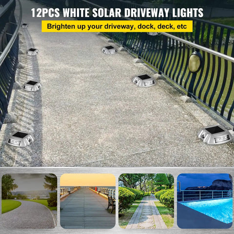 Solar Driveway Lights 12 Pack With 6 LED Per Light, Hella Bright White Beams, installed on pathway, silver aluminum housing
