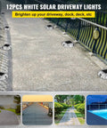 Top view of 12 solar LED driveway lights on pathway; Solar LED Driveway Lights 16 Pack With Switch Waterproof Outdoor Pathway Markers