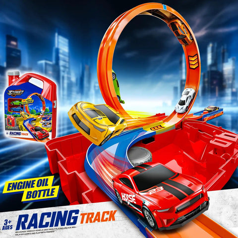 Ultimate 2 Car Race Track Set With Two Cars, 2 In 1 Reconfigurable Track System And Rad Storage Box showcased on a neon cityscape background
