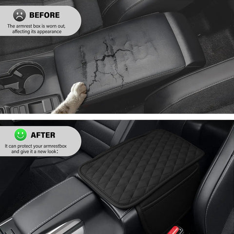 Before and after comparison of Center Console Armrest Cushion With Leather Look Upgraded Comfort Pad Featuring Two Storage Pockets Universal Waterproof Non Slip Car Interior Accessory For Most Sedans SUVs Trucks Black.