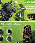 All Terrain 3 Wheel Golf Push Cart With Foldable Design showing adjustable straps and bag holder on green grass
