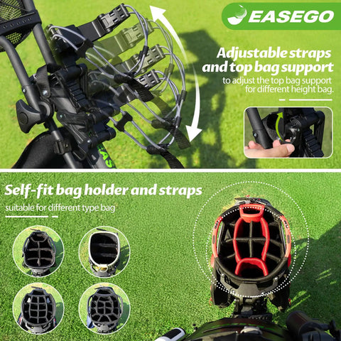 All Terrain 3 Wheel Golf Push Cart With Foldable Design showing adjustable straps and bag holder on green grass