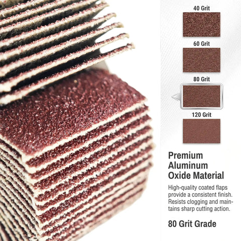 Close-up of 80 grit flaps on 40 Piece Flap Wheel Sander Set For Pro DIYers With One Quarter Inch Shank For Drill Polishing