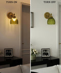 Totally Classic Battery Operated Wall Sconces Set Features Green Tulip Glass And Gold Metal Frame, illuminated vs off contrast.
