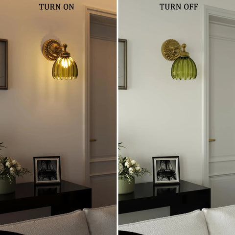 Totally Classic Battery Operated Wall Sconces Set Features Green Tulip Glass And Gold Metal Frame, illuminated vs off contrast.