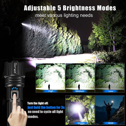Ultra Bright LED Flashlight With 50,000 Lumens And A 3937 Foot Beam, USB C Rechargeable, showcasing 5 brightness modes