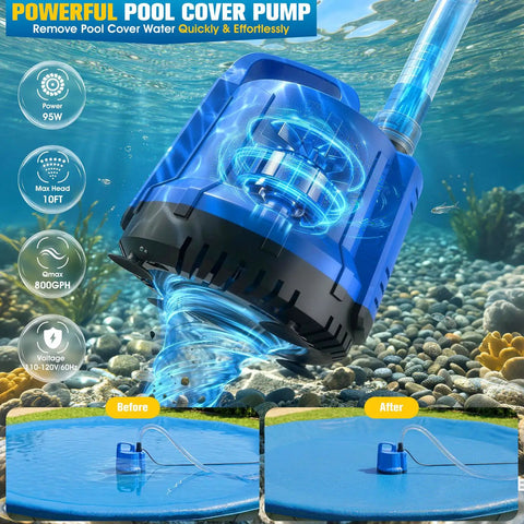2 In 1 Pond Filter With Pump And Fountain Lights For Koi Ponds Includes Auto Water Sensor And 16 Ft Hose Dark Blue With 3 Adjustable Spray Modes Easy Install No Fuss Setup And Low Maintenance, underwater shot showing the pump in action with clear water flow and energy specifications.