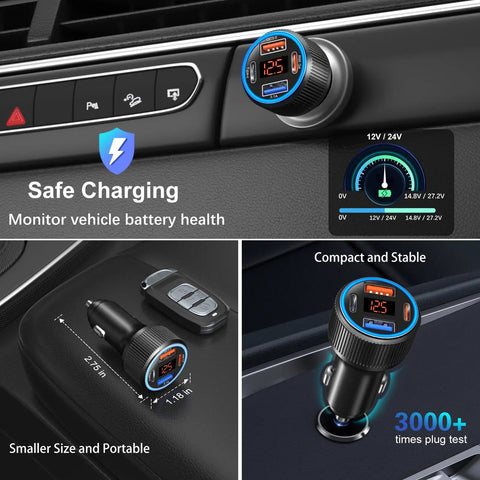 65 Watt Four Port Type C Car Charger Kit With Four Reinforced Usb C Cables, shown in vehicle's power outlet, compact and portable.