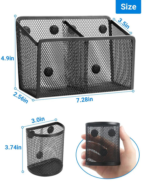 Magnetic Pen Holder With Heavy Duty Magnets Metal Pen Cup And Marker Storage Organizer for whiteboards and desks, shown with dimensions