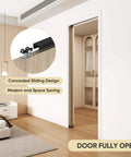 Six Foot Pocket Door Kit With Commercial Grade Sliding Hardware, installed in bedroom, black finish, modern style.