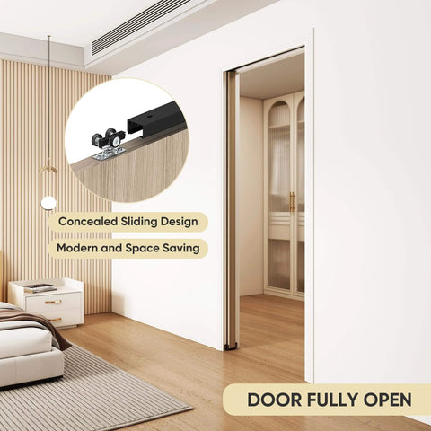 Six Foot Pocket Door Kit With Commercial Grade Sliding Hardware, installed in bedroom, black finish, modern style.