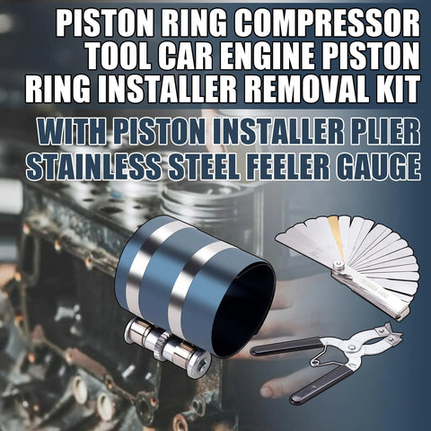 Front view of MWMNUN piston ring compressor tool kit with adjustable 2-1/8 to 7 in blue sleeve, pliers, stainless feeler gauge