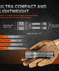 Defender P16 Tactical Flashlight With Dual Tail Switch in hand, dimensions and weight specifications displayed.