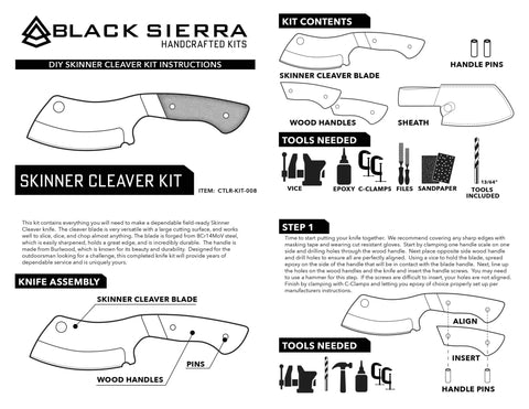 Do It Yourself Cleaver Knife Building Kit With Satin Stainless 8Cr14MoV Blade diagram and assembly instructions, parts labeled
