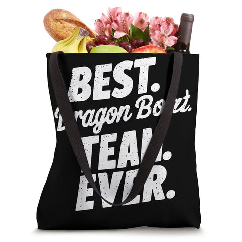 Black tote bag with 'BEST. Dragon Boat. TEAM. EVER.' text, filled with groceries. Dragon Boat Paddling Tote Bag For Paddlers And Dragonboating Fans Regatta Ready Gear For Men And Women Synchronized Paddling Pride Crew Vibe Team Spirit Perfect For Dragon Boat Races And Chinese Festivals.