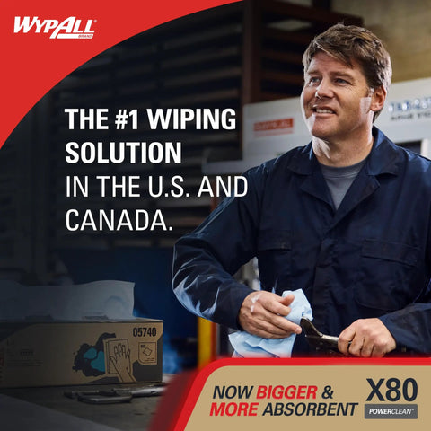 Man holding PowerClean X80 cloth in industrial setting, text reading '#1 wiping solution', box of wipes visible.