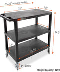 Three Shelf Flat Top Utility Cart That Handles Up To 300 Lbs Heavy Duty HDPE Shelves With Durable PVC Legs Smooth Rolling Wheels With Locking Feature A Workhorse For Office Warehouse Or Garage Storage And Easy Transport; black 3-shelf cart with 32 x 18 in top