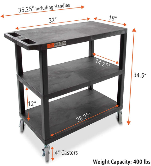 Three Shelf Flat Top Utility Cart That Handles Up To 300 Lbs Heavy Duty HDPE Shelves With Durable PVC Legs Smooth Rolling Wheels With Locking Feature A Workhorse For Office Warehouse Or Garage Storage And Easy Transport; black 3-shelf cart with 32 x 18 in top