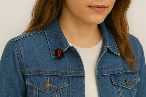 Woman wearing a denim jacket with a red ribbon lapel pin, symbolizing support for a cause, attached to the collar.
