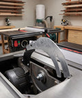 Rock Solid Table Saw Riving Knife Metal Splitter Guard installed in table saw, showing precision fit for woodworking safety.