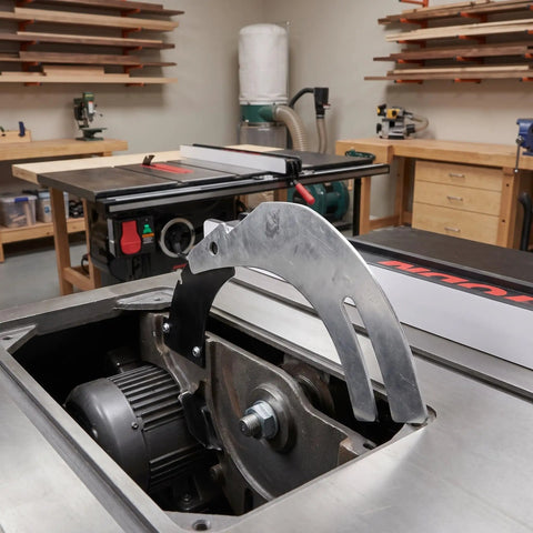 Rock Solid Table Saw Riving Knife Metal Splitter Guard installed in table saw, showing precision fit for woodworking safety.