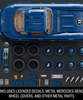 Overhead view of Hot Wheels Premium Building Set 1 To 12 Mercedes Benz 300 SL with metal parts, wheel covers, and decals.