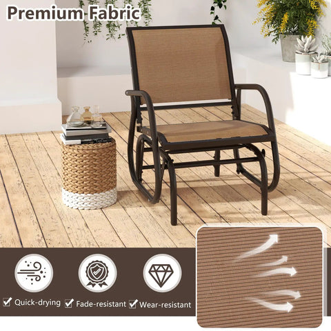 Brown Comfy Outdoor Swing Glider Chair With Iron Frame And Cushioned Fabric Non Slip Feet Patio Rocker For Porch Garden