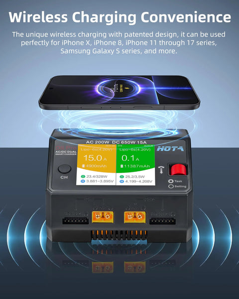Beast Dual Channel LiPo Battery Charger with wireless charging and display, 650W total power for RC cars and drones.