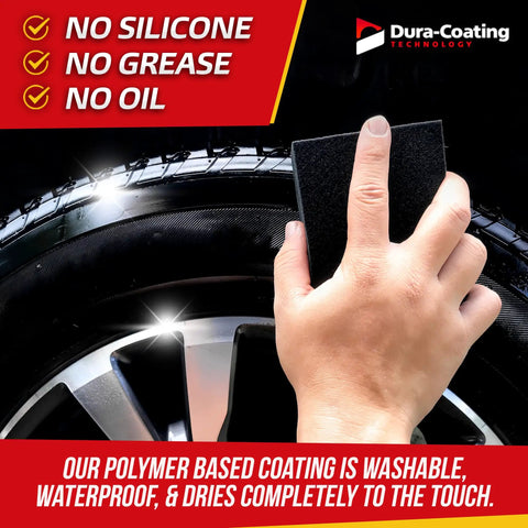 Hand applying All In One Tire Shine And Cleaner Kit With 16 Ounce Spray For Long Lasting Gloss And Weatherproof Finish to tire